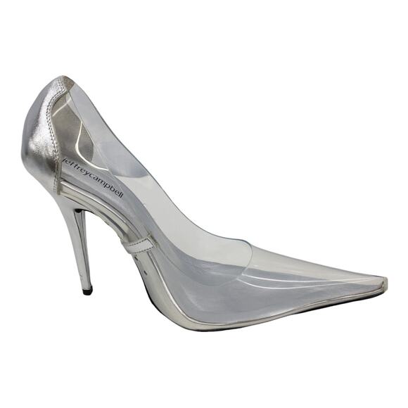 JEFFREY CAMPBELL Metallic Silver Clear Vinyl Snow Pointed Toe Pumps High Heels 9 - Picture 4 of 13